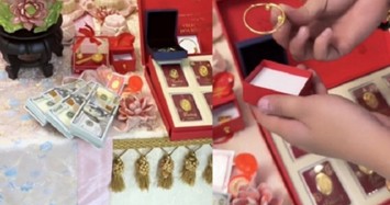 Choáng ngợp trước mâm quà tặng đầy tiền, vàng trong tiệc đầy tháng của con gái Nhật Kim Anh