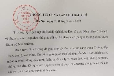 Vụ Trưởng khoa Trường  Đại học Luật Hà Nội bị tố cưỡng bức: Những thông tin mới nhất 