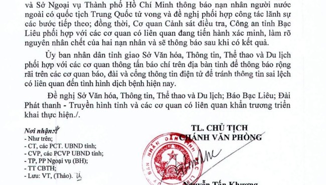 2 cha con người Trung Quốc tử vong ở Bạc Liêu