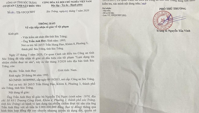 Bị tố chiếm đoạt tài sản, nữ giám đốc khiếu nại trung tá ký thông báo tiếp nhận tố giác tội phạm 