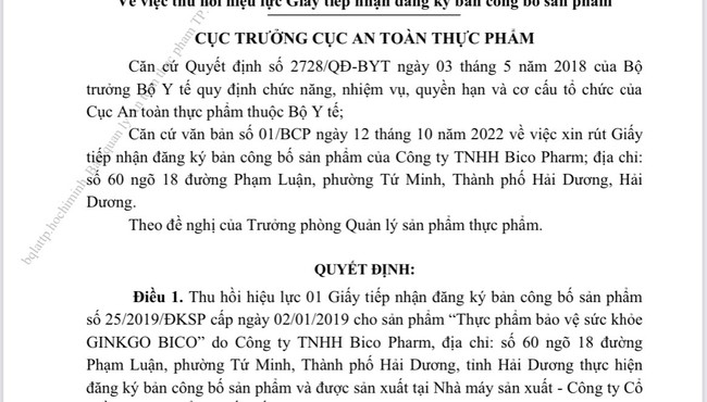 TP.HCM cảnh báo người dùng nhãn hàng GINKGO BICO