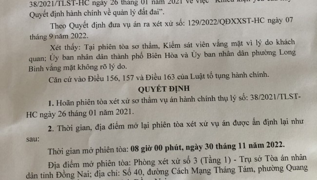 Đồng Nai: Phiên tòa xét xử vụ người dân kiện Chủ tịch UBND TP Biên Hòa tiếp tục hoãn