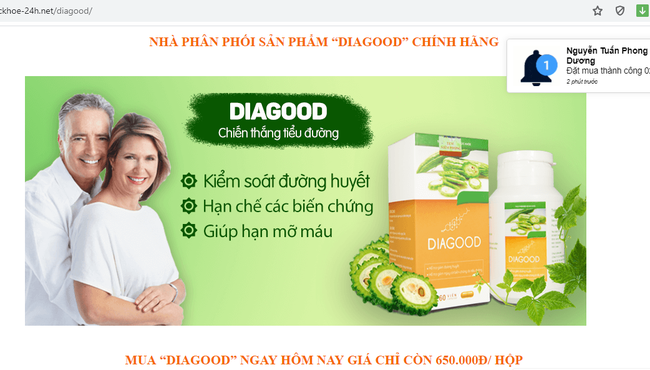 Ngang nhiên quảng cáo TPBVSK Dia Good như thuốc chữa bệnh trên website giả mạo