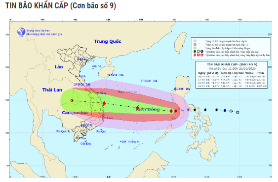 Bão số 9 giật cấp 14 lao nhanh 25 km/h vào Nam Trung bộ