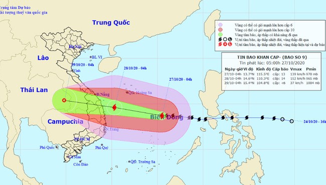 Bão số 9 giật cấp 17 hướng vào vùng biển từ Đà Nẵng đến Phú Yên