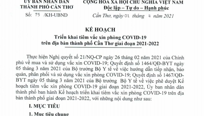 Cần Thơ triển khai kế hoạch tiêm vắc xin phòng COVID-19