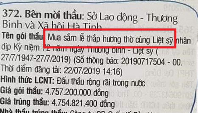 Sở Lao động Hà Tĩnh lên tiếng về gói thầu mua sắm lễ thắp hương liệt sĩ gần 5 tỷ đồng