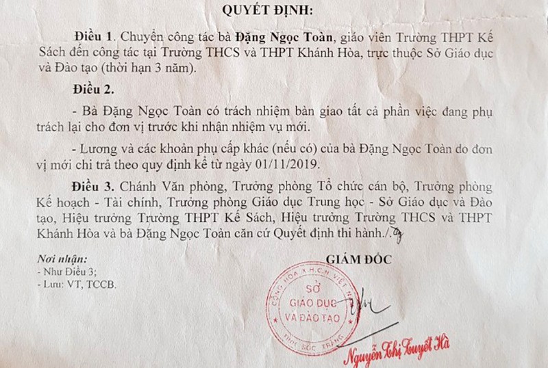 Vi sao nu giao vien khieu nai quyet dinh chuyen cong tac cua So GD&DT Soc Trang?