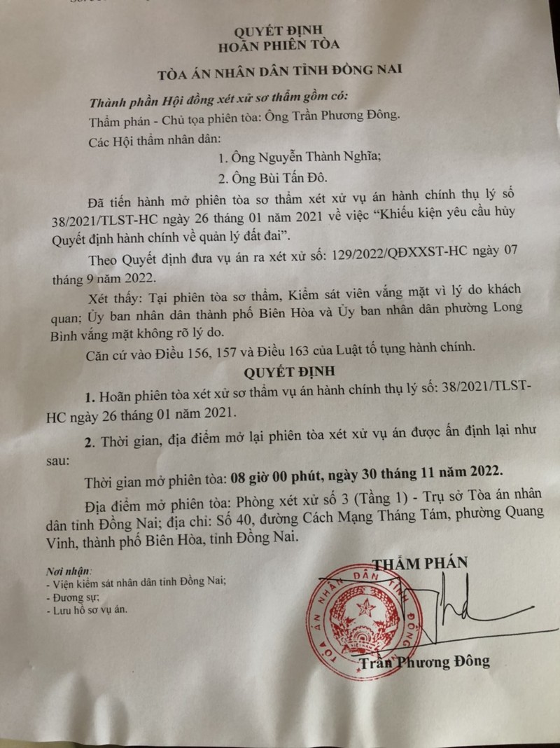 Dong Nai: Phien toa xet xu vu nguoi dan kien Chu tich UBND TP Bien Hoa tiep tuc hoan