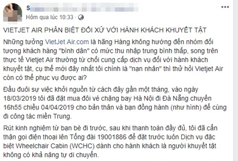 Nghi van Vietjet Air bi “to” tu choi hanh khach khuyet tat?