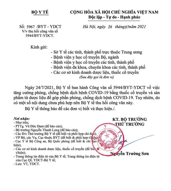 Bo Y te huy cong van 12 thuoc ho tro dieu tri COVID-19: Cong ty Nhat Nhat, Sao Thai Duong lien quan gi??