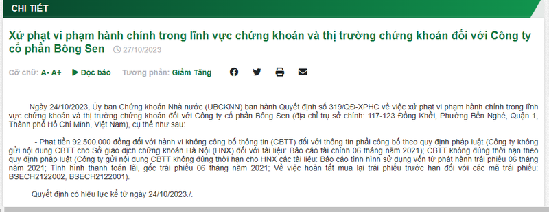 Bong Sen Corp lam an sao khi cham thanh toan trai phieu, khong cong bo thong tin?