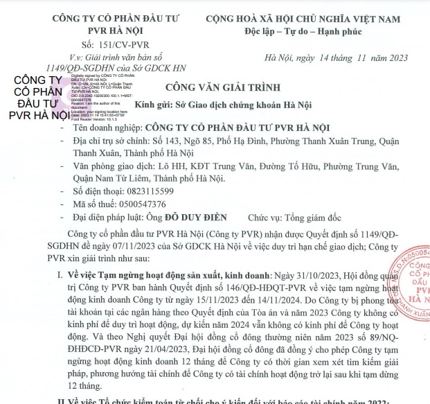 Vi sao Cong ty PVR Ha Noi tuyen bo ngung kinh doanh?