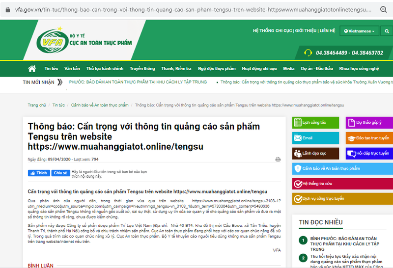 Can trong voi thong tin quang cao san pham Tengsu tren website gia mao