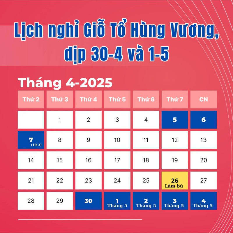 Nguoi lao dong co 8 ngay nghi le trong thang 4/2025