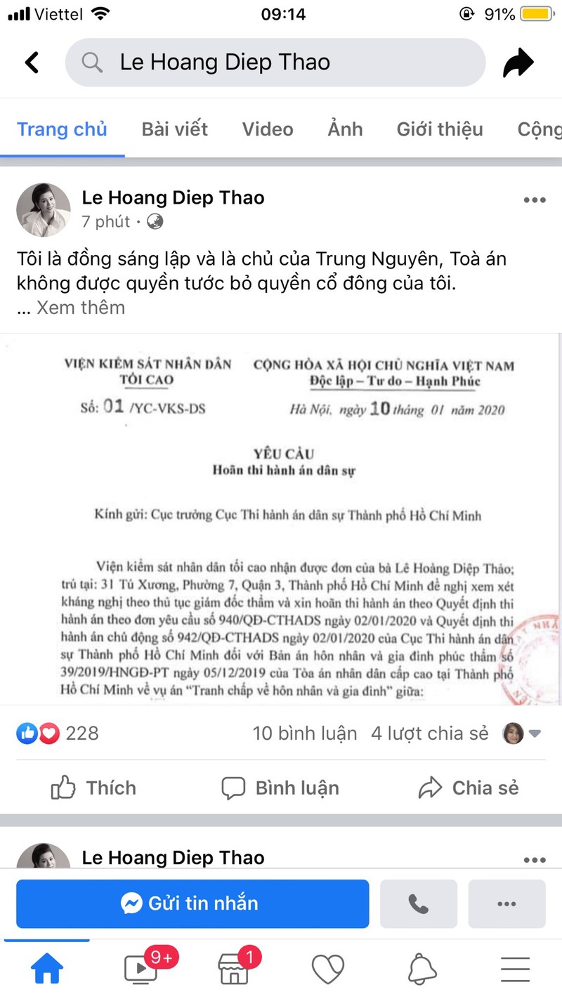 Ba Le Hoang Diep Thao yeu cau toa an khong duoc tuoc bo quyen co dong o Trung Nguyen