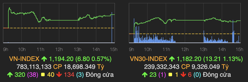 VN-Index dung o muc 1.194 diem, DXG co khoi luong giao dich dot bien phien 15/1