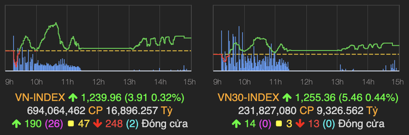 Dau khi tro xanh ve cuoi phien, VN-Index tang nhe gan 4 diem