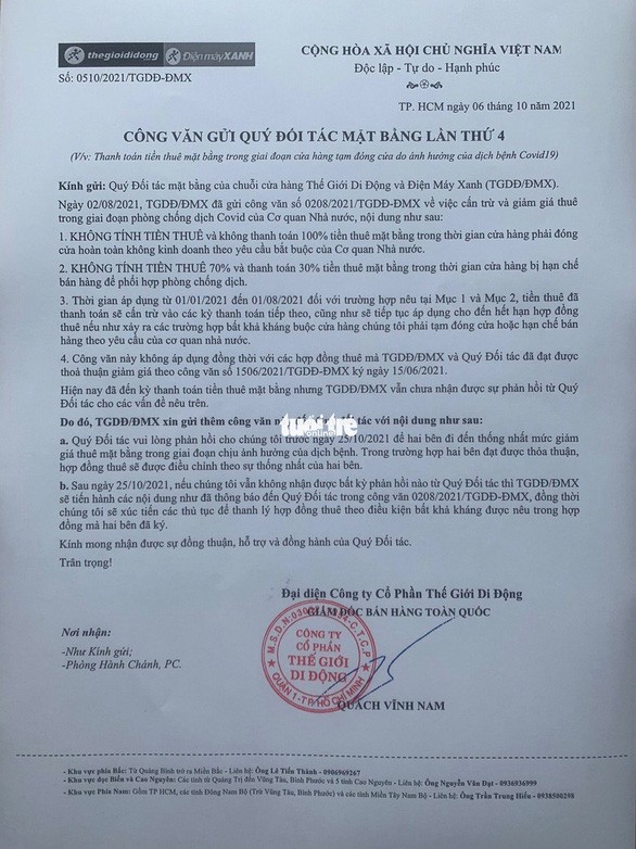 The Gioi Di Dong gui van ban den doi tac buoc giam tien thue hoac thanh ly mat bang