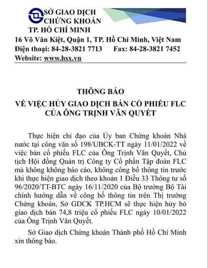 HoSE huy giao dich ban 75 trieu co phieu FLC cua ong Trinh Van Quyet