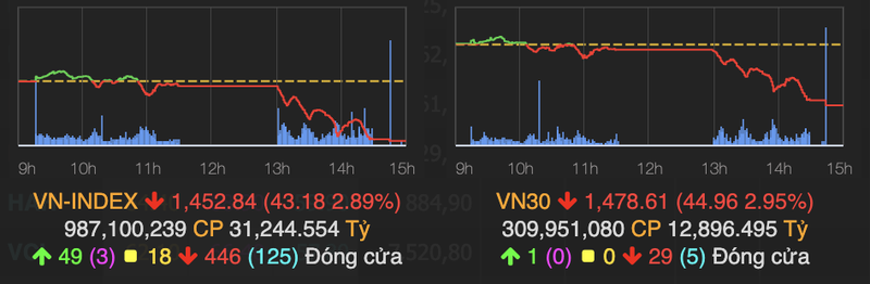 VN-Index giam sau 43 diem, thi truong co den 185 ma nam san