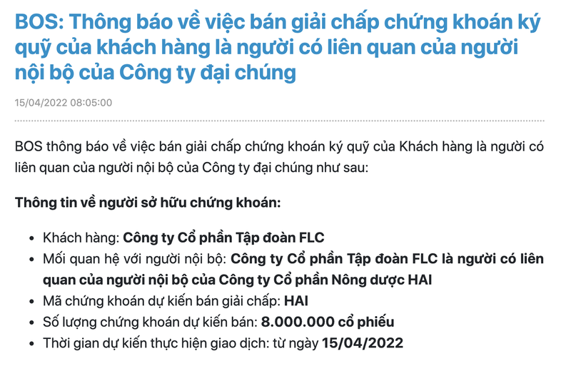 Chung khoan BOS ban giai chap 8 trieu co phieu HAI cua Tap doan FLC