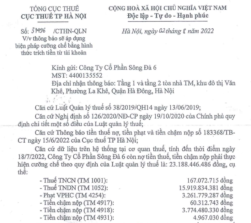 SD6 - thanh vien ho Song Da bi cuong che thue hon 23 ty dong