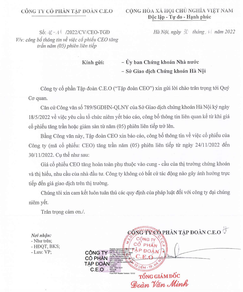 Sau khi ve day 8.100 dong, thi gia CEO da phuc hoi va tang gan 150%