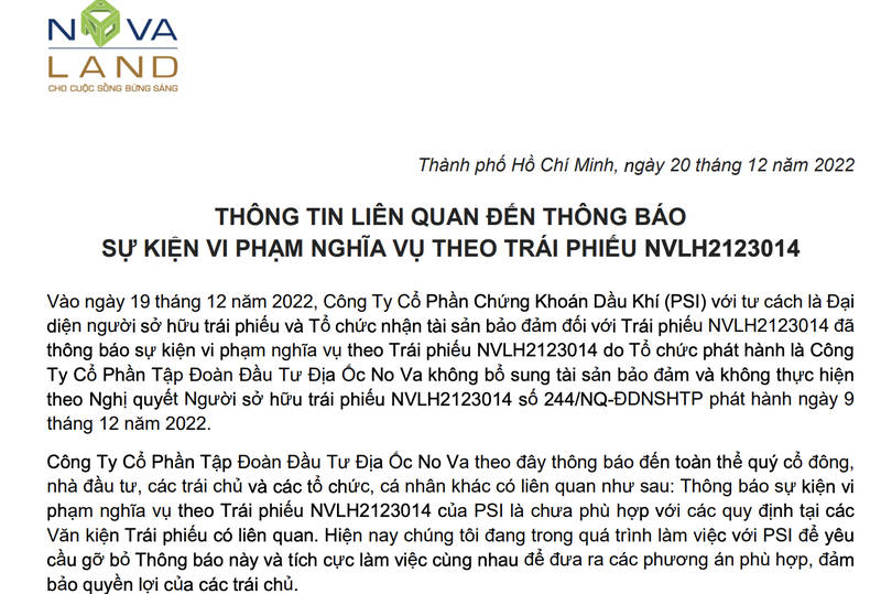 Novaland len tieng ve su kien vi pham nghia vu mot lo trai phieu, co phieu quay lai nam san