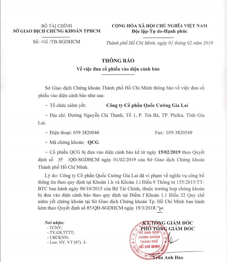 Dau nam, co phieu Quoc Cuong Gia Lai da dinh 