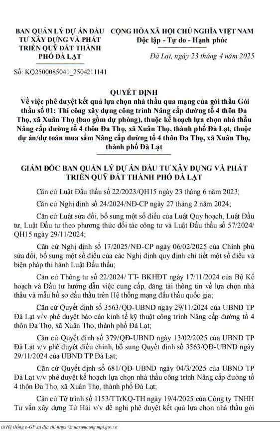 Lam Dong: Nho dau Cty Thanh Tam An thang goi thau 3,34 ty lam duong tai Tho Xuan?