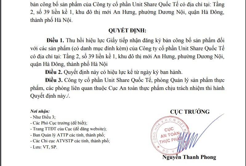 7 san pham cua Unit Share Quoc Te bi thu hoi giay tiep nhan dang ky ban cong bo