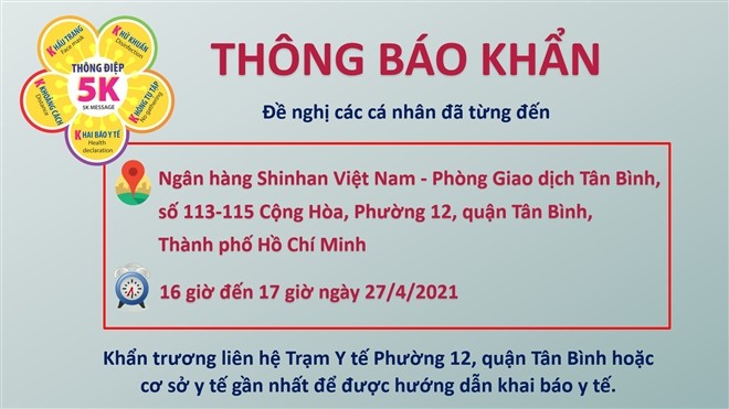 TP.HCM truy tim nguoi den chi nhanh ngan hang ngan hang Shinhan khai bao y te