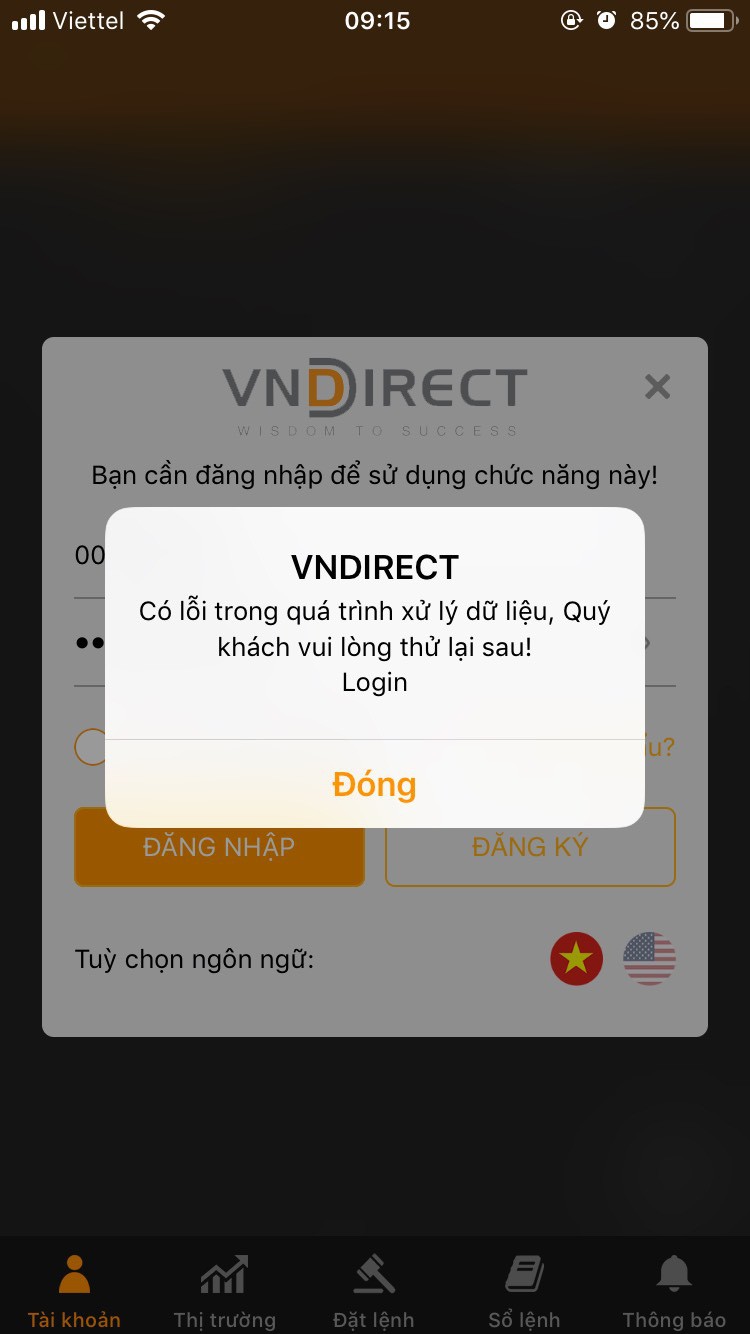 Loi he thong giao dich VNDirect, nha dau tu khong the thao chay phien ATO sang nay