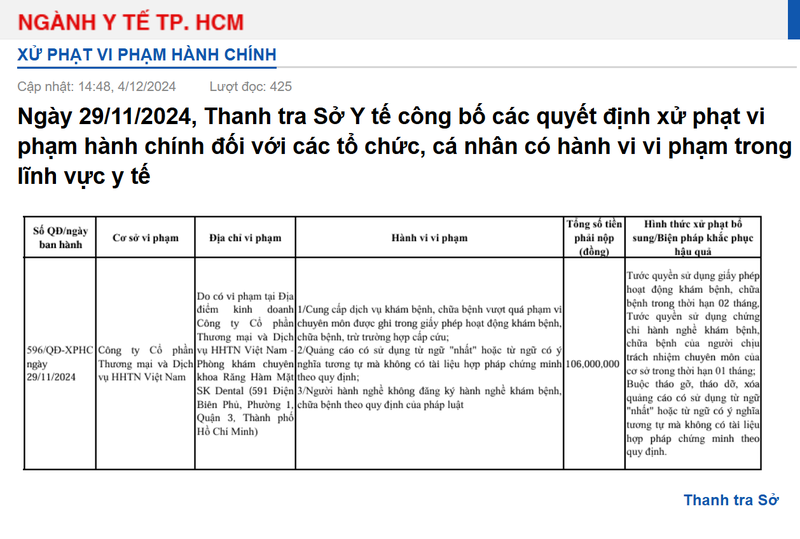 Nha khoa SK Dental chong quyet dinh xu phat cua co quan chuc nang?