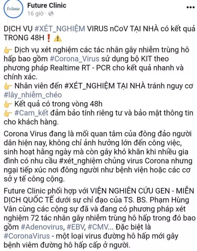 Yeu cau phong kham Future Clinic ngung quang cao dich vu xet nghiem virus corona tai nha