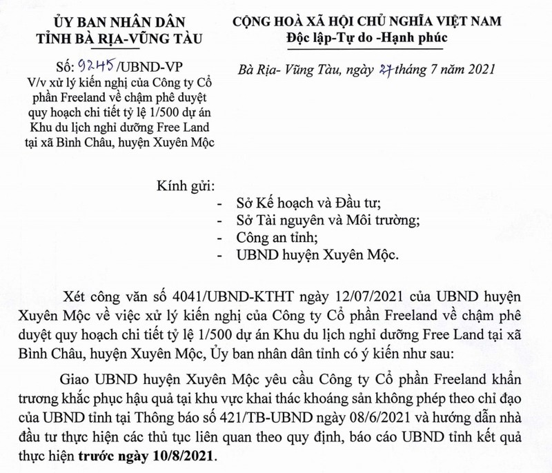 Vi sao du an cua Cong ty Free Land o Ba Ria - Vung Tau chua duoc duyet quy hoach?