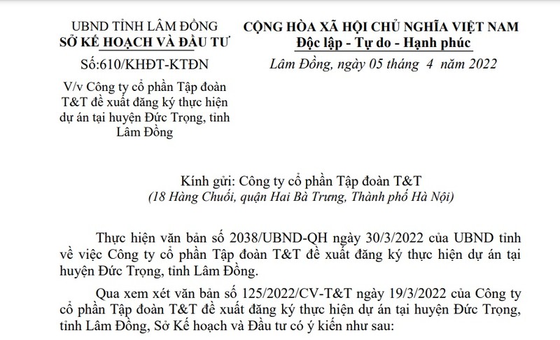 Tap doan T&T muon dau tu 4 khu do thi tai Lam Dong