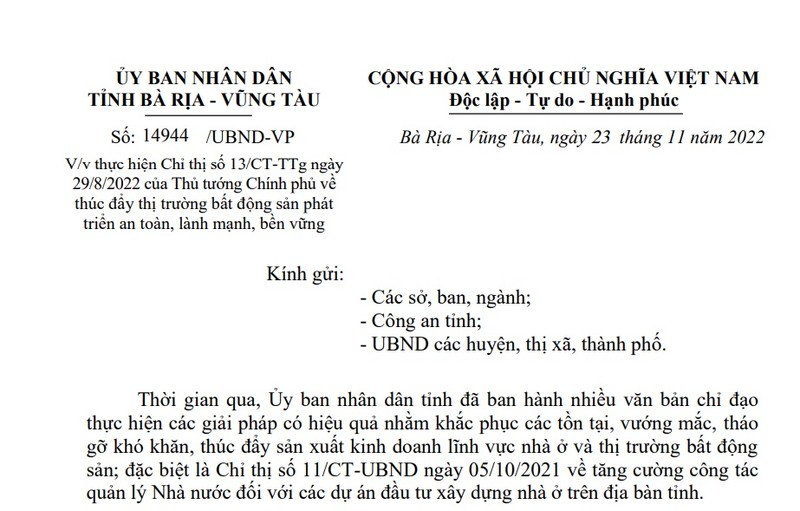 Ba Ria - Vung Tau chi dao go kho cho thi truong bat dong san de tang nguon cung nha o