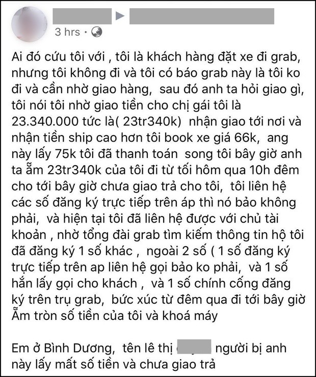 Nhan chuyen phat hon 23 trieu, tai xe GrabBike om tien bo tron