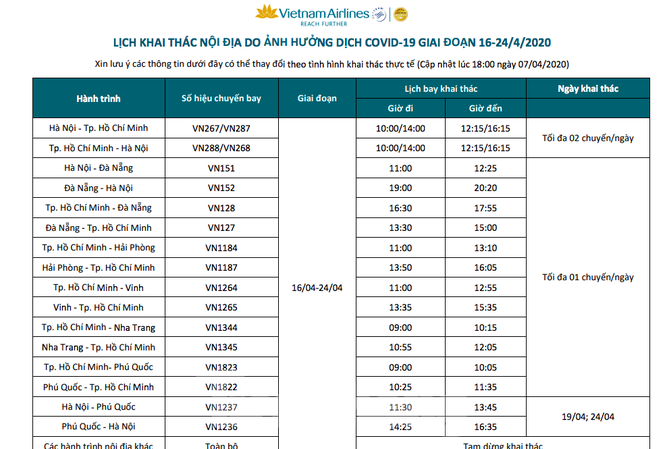 Hang khong ram rich noi lai duong bay noi dia tu ngay 16/4