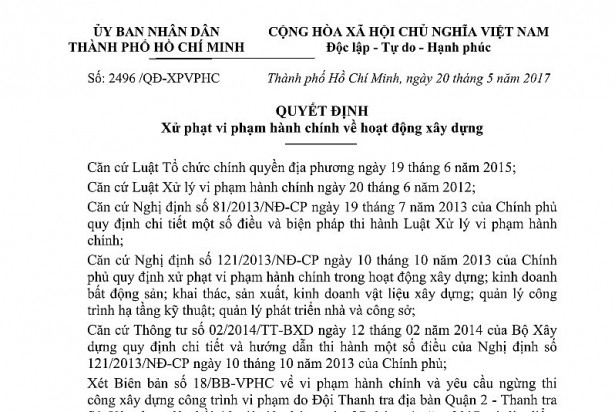 Xay sai phep, du an Thao Dien Sapphire bi phat 1 ty dong