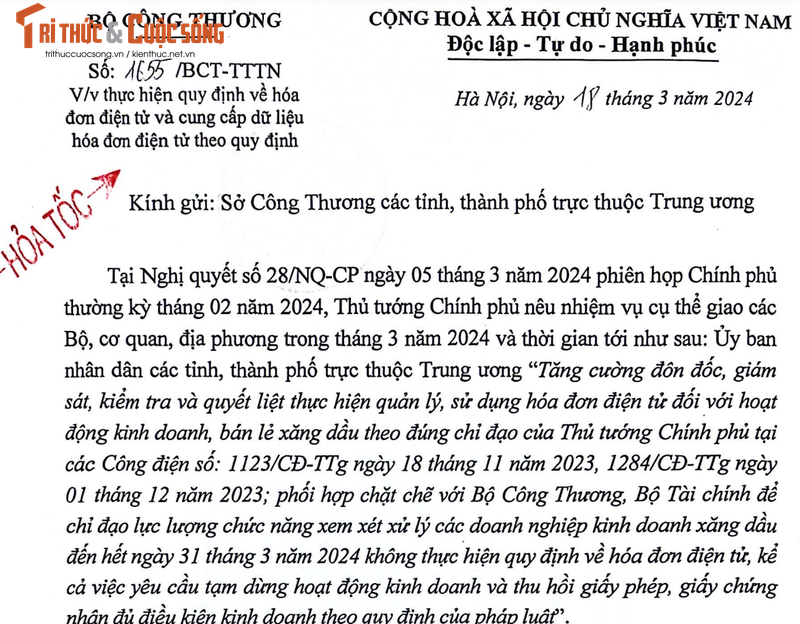 Don doc thuc hien quy dinh ve hoa don trong kinh doanh xang dau