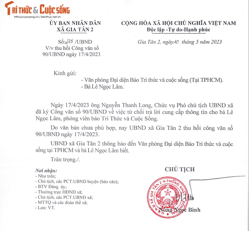 Xa Gia Tan 2 thu hoi cong van 'tu choi cung cap thong tin cho phong vien'