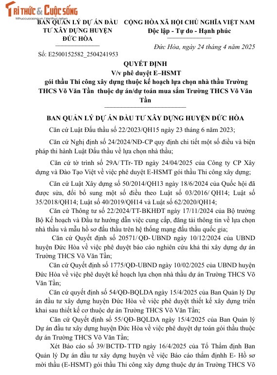 Long An: Dau thau rong rai goi thau xay truong THCS Vo Van Tan hon 51 ty