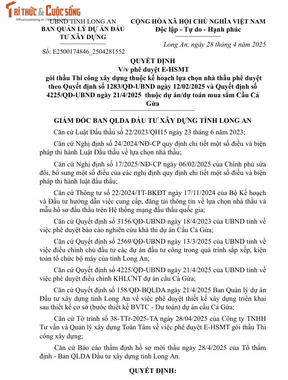 Long An: Tim nha thau thi cong cau Ca Gua hon 20 ty