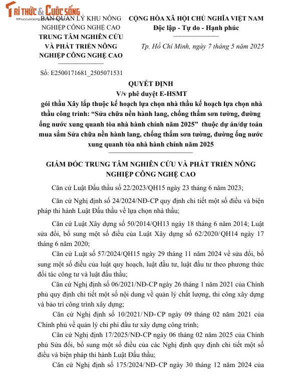 Moi thau 3 goi xay lap tai TT Nghien cuu va Phat trien Nong nghiep Cong nghe cao