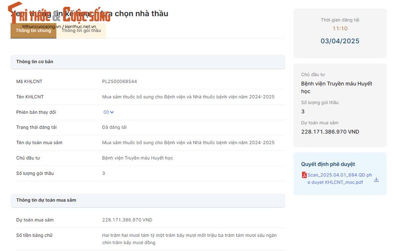 BV Truyen mau Huyet hoc moi thau goi thuoc biet duoc goc 228 ty