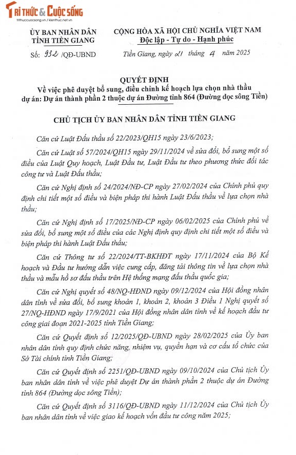 Tien Giang tiep tuc moi thau 2 goi xay lap DA Duong tinh 864