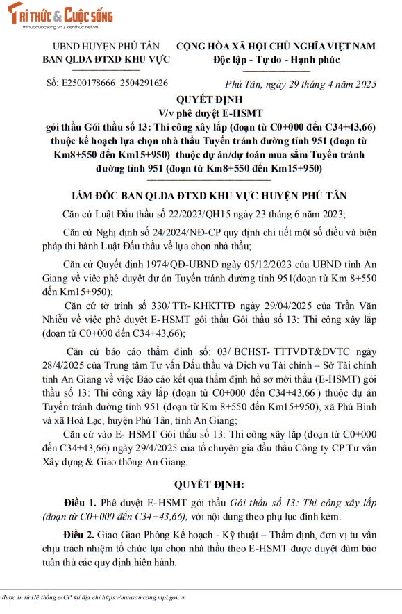 An Giang: Tim don vi thi cong tuyen tranh duong tinh 951